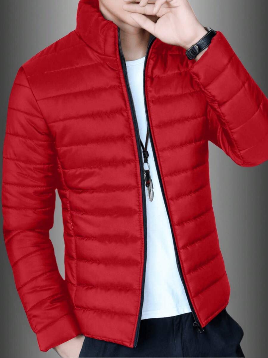 1件男士秋冬多功能立领摩托车长袖加厚棉服，加厚保暖轻便棉质外套 - 紅色 - 查看 1