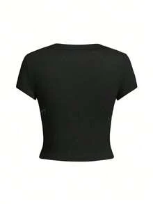 Camiseta de manga corta para damas con estampado de patrones, top de cuello redondo suelto y casual, se puede lavar aáquina para comodidad durante las cuatro estaciones. - Negro - Ver 3