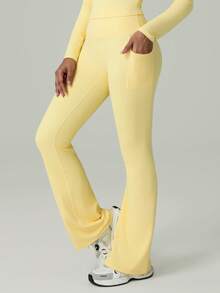 女士高腰瑜伽喇叭裤，带口袋 - 宽腰带，舒适，弹力，靴型紧身裤 - 黃色 - 查看 7