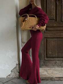 女士休闲长袖上衣和喇叭裤两件套，街头风日常穿搭，春夏款 - 酒紅色 - 查看 5