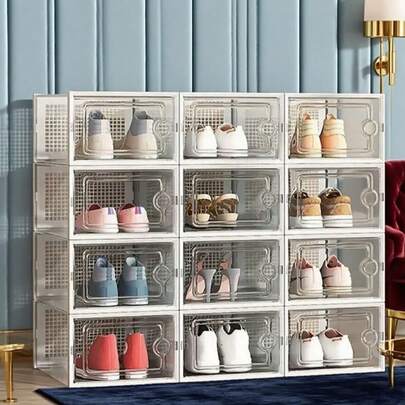 6/12 Pack Stackable Shoe Boxes, Thick Transparent Shoe Boxes With Lids, Plastic Foldable Storage Sneakers Storage Boxes (Black, White), Ideal Halloween/Christmas Decoration Gifts