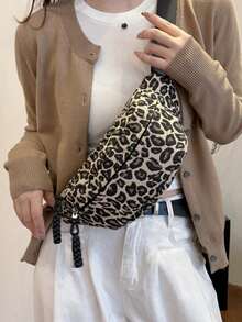 女士时尚豹纹冬季斜跨单肩腰包，编织拉链休闲腰包，户外运动斜挎胸包 - 彩色 - 查看 10