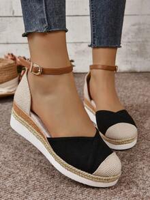 Sandalias Mujer de Cuña en Lona - Punta Cerrada Estilo Hada, Hebilla Tejida de Cáñamo, Suela Gruesa Antideslizante - Negro - Ver 1