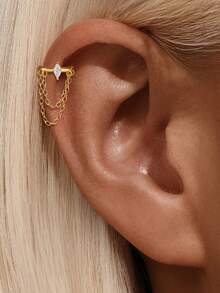 1pc S925 Sterling Silver Ear Cuff Earring, Hypoallergenic Ear Piercing Jewelry, Double Chain Design - Gold - View 5