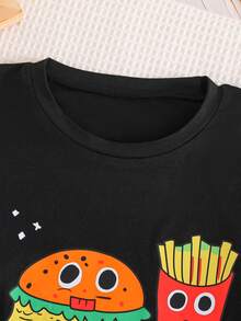 Set de 2 piezas Pijama de niño pequeño con estampado de hamburguesa feliz y papas fritas, con parte superior de cuello redondo de manga larga y pantalones casuales estampados, hecho de tela suave, adecuado para uso diario en primavera, otoño e invierno, también es un regalo infantil pensativo. - Negro - Ver 11