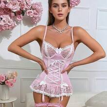 Sexy Lingerie Sets For Women Babydoll Dresses Bras Panties Corset Sleepwear Nightgowns Wedding Guest Bridal Honeymoon Gifts,Lingerie For Women Lace Bodysuit V Neck Babydoll Lingerie Sleepwear Nightgown - 粉色 - 查看 7
