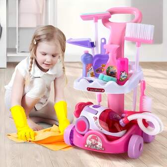 Kids Cleaning Trolley Set, Sweeping Toy For Girls, Broom Dustpan Baby Cleaning Vacuum Cleaner Pretend Play Housekeeping Toy, Birthday Gift For Children Aged 3-6