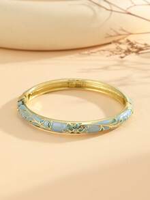 1pc Fashionable New Gold-Plated Floral Pattern Enamel Rhinestone Bracelet, Suitable For Girls And Women - Blue - View 3