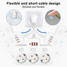EU Standard Wall Mounted Power Socket With 3 AC Outlets, 3 USB Ports And 1 Type-C Port, 2500W, Individual Switch Control, Black/White, Flexible Short Cord Design, Anti-Bending, Suitable For Various Compact Environments, Widely Spaced Outlets To Avoid Tangling