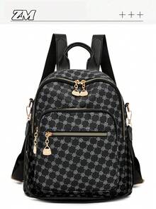 Women Rhombus Pattern High Capacity Backpack & Shoulder Bag, Casual Commuter Bag For Students & Mothers - Black - View 3