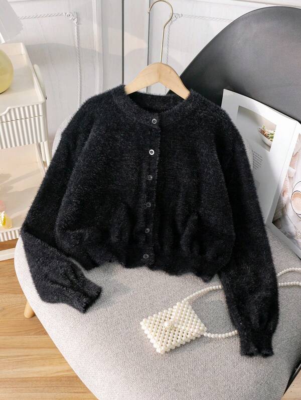 Girls & Teens Elegant Solid Color Cardigan Sweater, Short Style Suitable For Casual, Holiday, Spring, Autumn, Winter