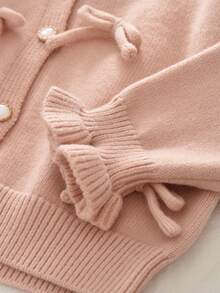 女童可爱蝴蝶结纯色单排扣毛衣上衣和裙子两件套冬季保暖衣服套装小女孩 - 粉色 - 查看 4