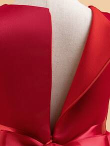 Girls 3D Embroidered Contrast Color Princess Dress, Midi Length Backless Princess Dress For Young Girl Party Wedding - Red - View 6