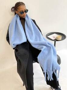 1pc Women's Fuzzy Long Scarf With Tassel For Winter Solid Sky Blue Color Big&Thick Wrap Oversize Warm Blanket Scarf Accessories Women