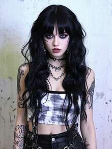 clouder 哥特朋克黑色水波卷发假发 26 英寸长波浪假发带刘海万圣节圣诞假发街头朋克假发女士合成耐热纤维假发适合日常角色扮演派对音乐节假发前卫学院风假发现代时尚朋克假发 - 黑色 - 查看 2