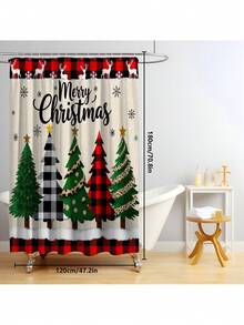 1 Stück/4 Stücke fröhliche Weihnachten bunte Weihnachtsbaum Muster multifunktionale wasserdichte Duschvorhang mit 12 Haken, rutschfeste Badezimmermatte, U-förmige Bodenmatte und runde Toilettendeckelabdeckung, Badezimmer-Set für alle Situationen