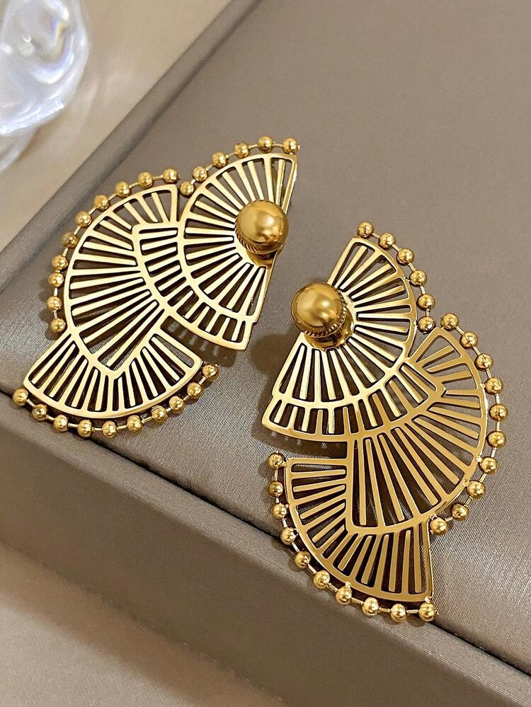 1对复古扇形耳环，几何金色耳钉，不锈钢耳环，女士日常及派对饰品，万圣节及圣诞节礼物 - 彩色 - 查看 5