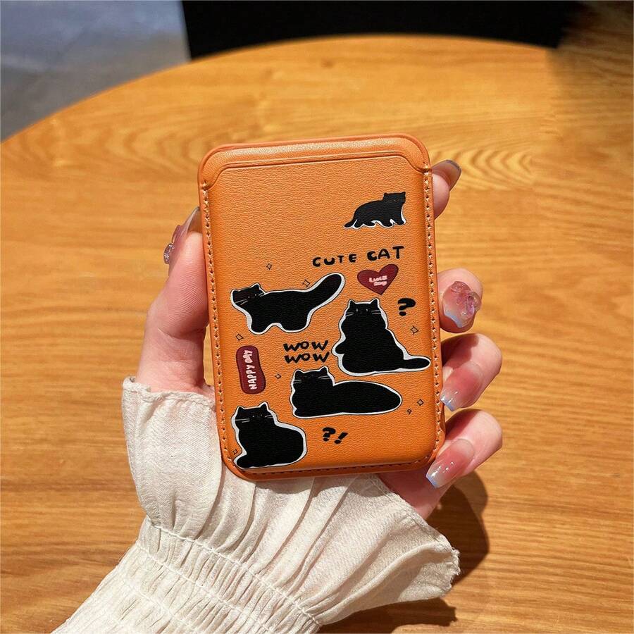 1 件可爱猫咪图案黑色/白色/银色/棕色/粉色 PU 皮革钱包卡夹磁性手机壳适用于 17/16/15/14/13/12/11，磁性钱包卡夹手机配件 - 棕色 - 查看 1