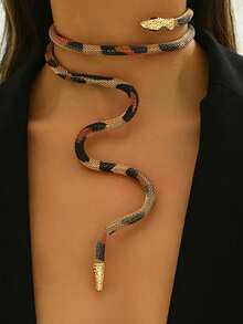 1pc Women's Fashion Creative Choker Necklace, Leopard/Snake Skin Print Net Chain Snake Necklace, Adjustable Style, Fashionable Punk Personalized, Suitable For Daily And Party Wear - Gold+Black - View 13