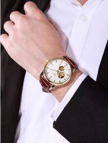 1 chiếc đồng hồ cơ tự động rỗng dành cho nam, kiểu dáng tối giản, dây da, thích hợp làm quà tặng và đeo hàng ngày. - Nhiều màu - Xem 9