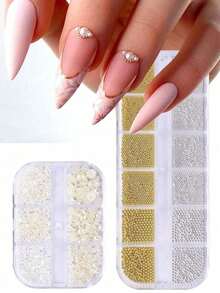 2件套3D美甲仿珍珠钢珠装饰套装，金色、银色、白色，半圆形平底仿珍珠美甲饰品，金属珠子，奢华美甲装饰配件，沙龙美甲用品 - 彩色 - 查看 3