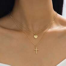 1 pieza Elegante collar de mujer con capas de corazón y cruz de moda, regalo (sin caja)