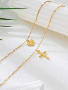 1 pieza Elegante collar de mujer con capas de corazón y cruz de moda, regalo (sin caja)