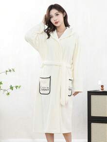 1 chiếc áo choàng tắm dài cho nữ bằng vải lông cừu san hô, nhiều màu sắc để lựa chọn, có mũ trùm đầu, thắt lưng và túi, mềm mại, ấm áp, áo choàng tắm unisex. - Nhiều màu - Xem 7