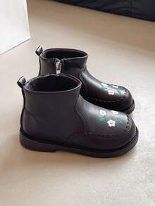 Children's Boots With Thermal Lining, Warm Short Boots, Autumn/Winter New Cute Embroidered Girls Boots, Girls Side Zipper Leather Boots