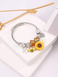 1 pieza Pulsera elegante y femenina con encanto de girasol y abeja con rhinestones - Acero inoxidable, adecuada para fiestas, bailes y decoraciones casuales