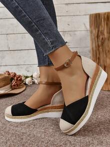 Sandalias Mujer de Cuña en Lona - Punta Cerrada Estilo Hada, Hebilla Tejida de Cáñamo, Suela Gruesa Antideslizante - Negro - Ver 3