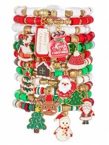 12 peças/Conjunto de Encantos com Tema de Natal incluindo Boneco de Neve, Árvore de Natal, Papai Noel, Rena, Chapéu de Papai Noel, Pingentes de Casa de Neve, Combinados com Contas de Coração de Argila Macia CCB, Conjunto de Pulseira, Adequado para Presentes de Feriado, Família, Amigos e Uso Diário