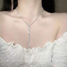 1pc Fashionable Elegant Silver Rhinestone Tassel Necklace - Silver - View 7