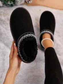 1 par de botas de nieve con forro térmico para mujer, de caña corta, suela gruesa, versátiles para otoño/invierno, antideslizantes, cálidas, silenciosas, lavables a máquina, con suela blanda para interior/exterior - Blanco y Negro - Ver 3