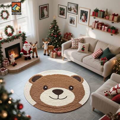 1pc Christmas Bear Bathroom Anti-Slip Mat, Flannel Material, Round Floor Mat, Plush Decoration, Suitable For Bathrooms, Doors, Kitchens, Living Rooms And Other Occasions, Machine Washable, Anti-Slip, Christmas Decoration, Can Be Given As A Gift