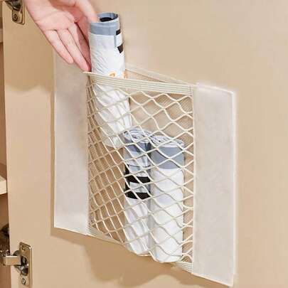 1pc Adhesive Storage Bag, Garbage Bag, Plastic Mesh Bag, Adhesive Wall-Mounted Mesh Storage Bag, Wall-Mounted Large Capacity Storage Bag, Wall-Mounted Cabinet Inner Side Adhesive Mesh Bag, Hook And Loop Car Trunk Mesh Bag, Suitable For Reusable Bags, Kitchen Garbage Bag Storage And Organization