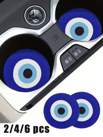 2/4/6件蓝色邪眼吸水汽车杯架杯垫，时尚简约蓝色邪眼款式，女士汽车内饰配件，车内和家用办公桌杯垫，适用于车内、卧室、客厅和日常生活，是送给家人和朋友的礼物