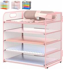 Bandeja de almacenamiento de papel de cinco capas con asa, organizador de archivos de malla para escritorio, clasificador de papel de oficina para útiles escolares - rosa - Ver 8