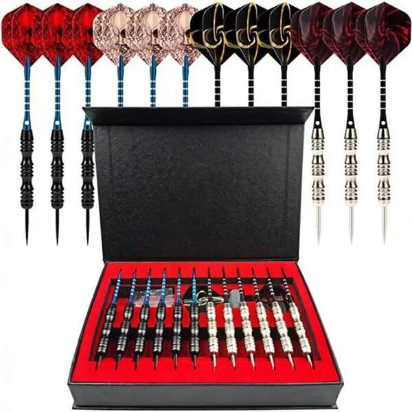 12pcs/Set Professional Metal Darts With Steel Tip, Non-Slip Iron Mat, Aluminum Dart Shaft, Extra Dart Sharpener & Whetstone, Gift Box For Christmas, Holiday