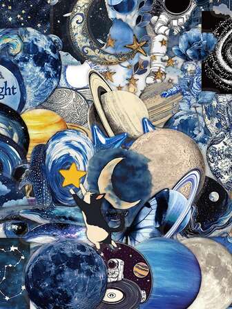 50 piezas Pegatinas artísticas de grafiti de espacio azul, transparentes y resistentes al agua, para decoración creativa de estuches de teléfono, portátiles, guitarras, tazas, papelería y manualidades DIY