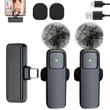 无线领夹式麦克风适用于手机 iPad TypeC 领夹式麦克风即插即用 2.4G 超低延迟内置降噪芯片 8 小时工作时间用于视频录制采访播客 Vlog - 黑色 - 查看 2