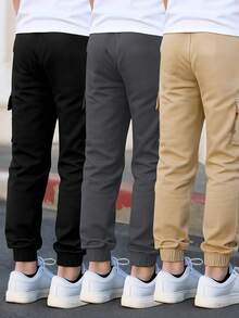 3pcs Young Boys' Solid Color Cargo Pants With Large Pockets, Fashionable Casual Drawstring Trousers, Suitable For All Seasons - Grey - View 5