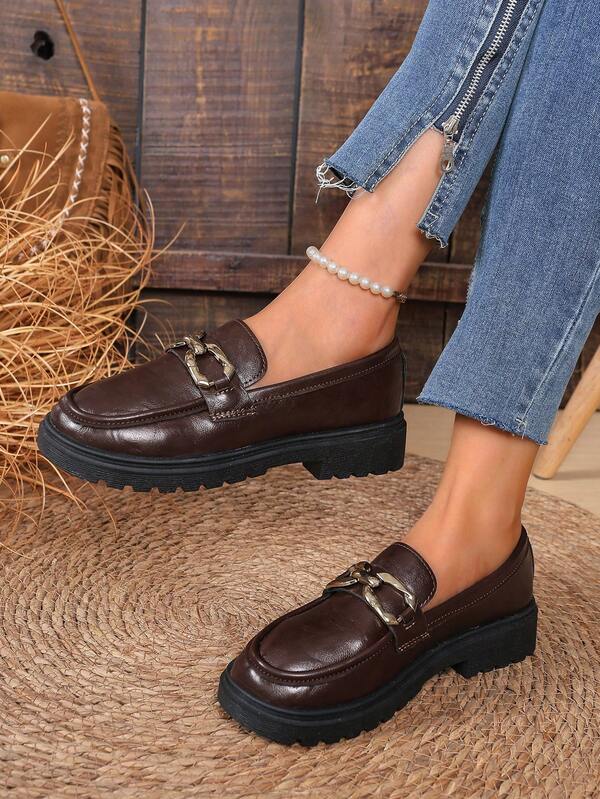 Women's Autumn/Winter Fashion Loafers, Thick Sole Slip-On Casual Shoes, Decorative Buckle Indoor/Outdoor Flats, All Season