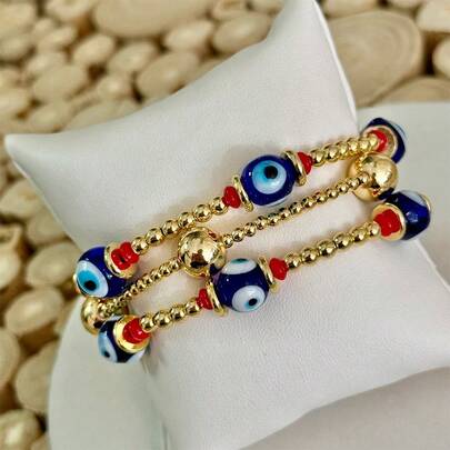 欧美恶魔眼玻璃珠手链，18K镀金铜珠弹力手链，女士款