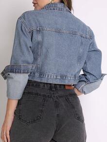 Cropped Denim Jacket With Hem, Women's Fashion - 中等水洗藍 - 查看 4