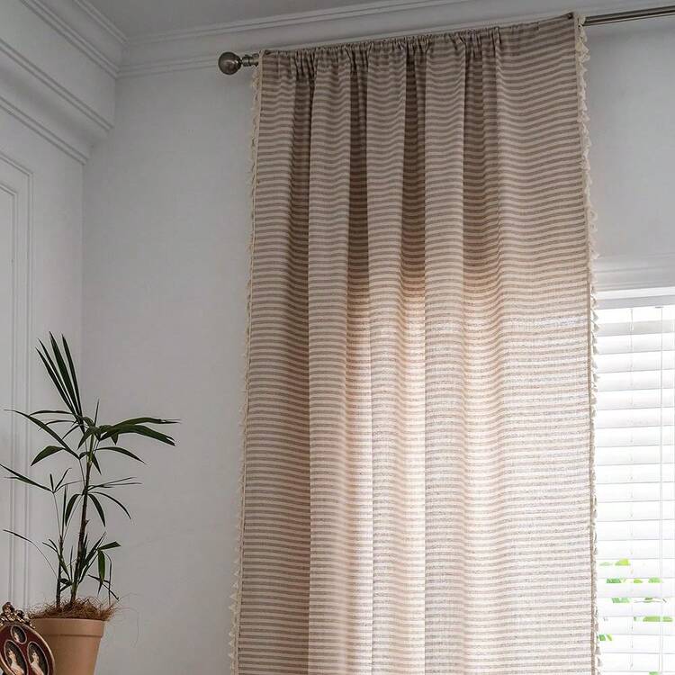 Boho Curtain 84 Inches Length, Beige Stripes Print Curtain With Handmade Tassels, Rod Pocket Window Treatment Vintage Rustic Bohemian Farmhouse Drape For Bedroom 1 Panel 59" W X 84" L - BeigeStripes59Wx84LPackof1 - View 5