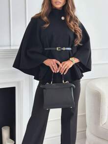 1pc Women's Solid Color Fashion Waist Tie Woolen A-Line Cape Coat, Autumn/Winter - Black - View 1