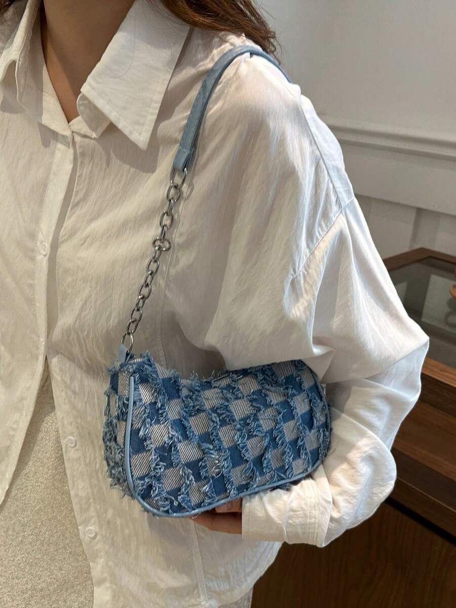 Fashionable Versatile Solid Color New Floral Print Shoulder Bag, Casual Minimalist Baguette Small Square Bag For Women - Blue - View 1