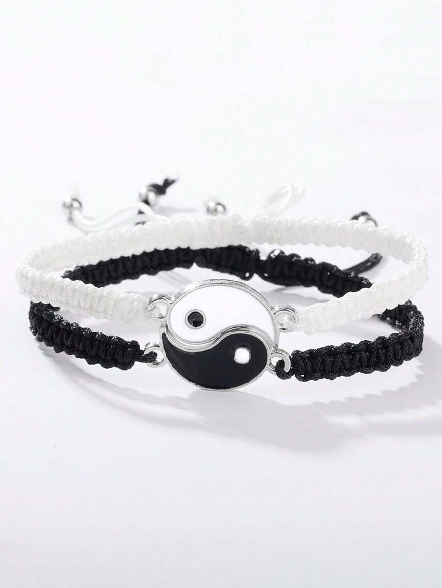2pcs Fashion Woven Student Bracelet Set, Black & White Minimalist Woven Tai Chi Bagua Bracelets, Suitable For Daily Wear - one-size - View 1