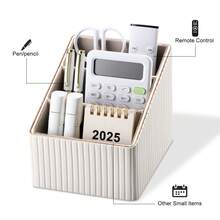 Luxury Leather Vertical Striped 3-Slot Remote Control Box, PU Leather Desktop Storage Organizer For TV, CD, Media Players, Controllers And Office/Cosmetic Items, Back To School - Multicolor - View 3
